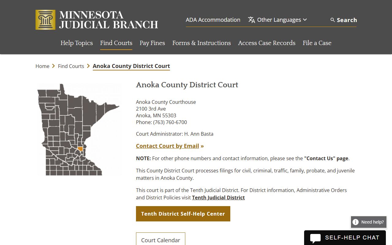 Blaine traffic court records Anoka County court page