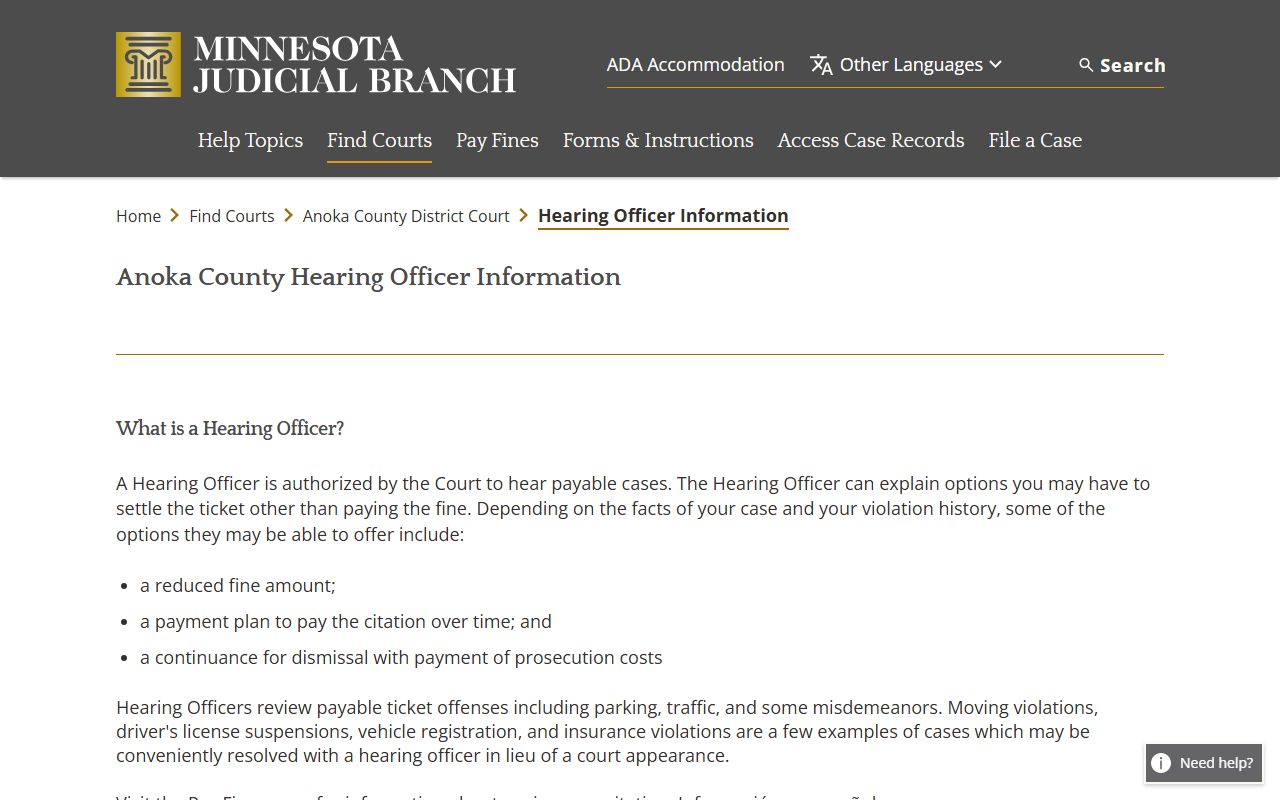 Anoka County traffic court records hearing officer information
