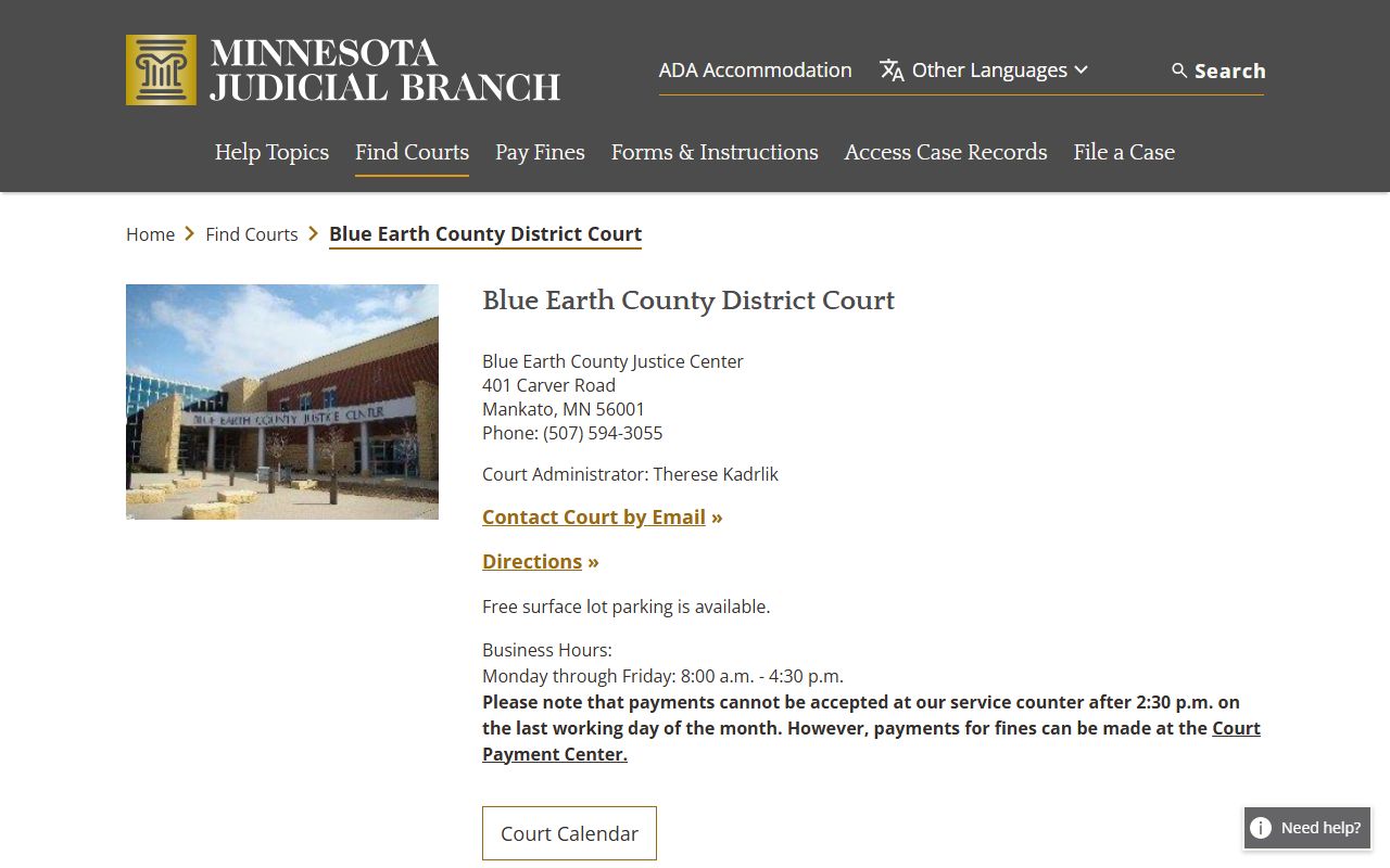 Blue Earth County traffic court records court page