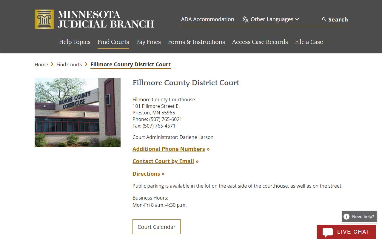 Fillmore County traffic court records court page