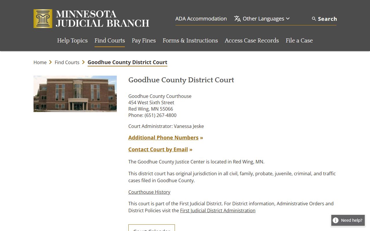 Goodhue County traffic court records court page