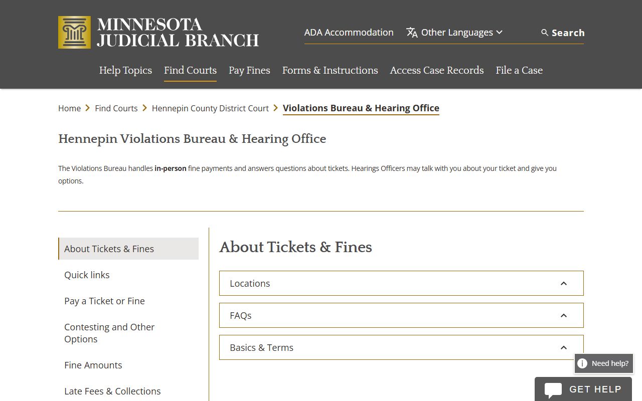 Hennepin County Violations Bureau and Hearing Office page