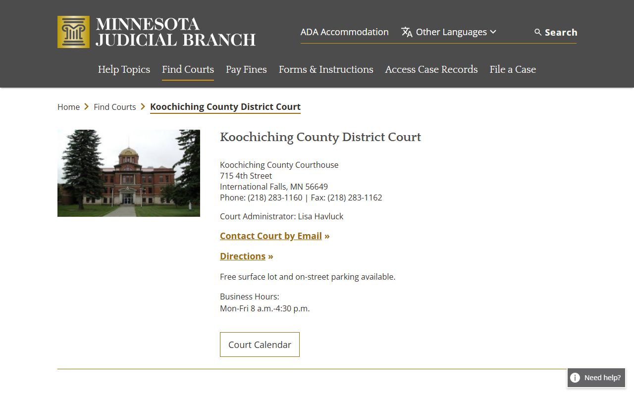 Koochiching County traffic court records court page
