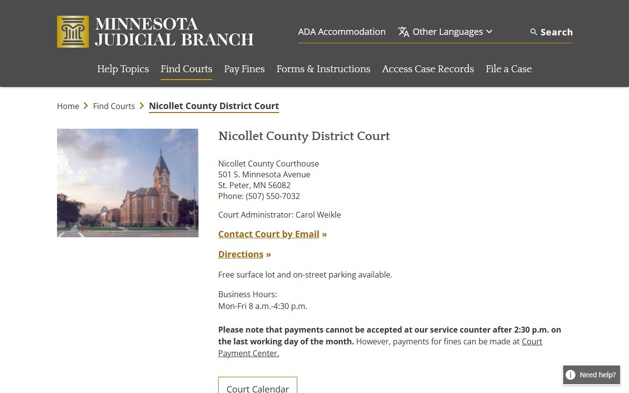 Nicollet County traffic court records court page