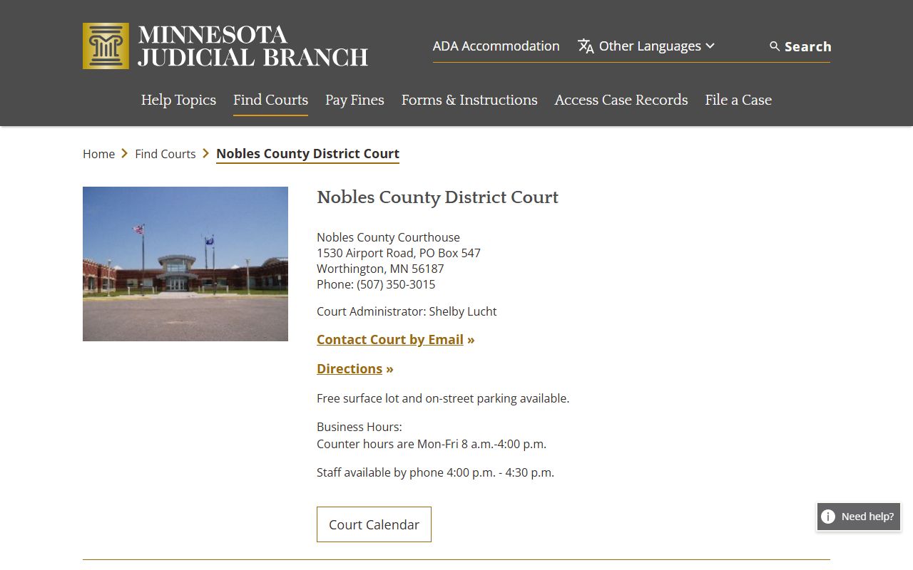 Nobles County traffic court records court page