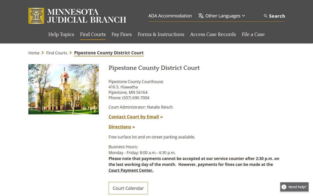 Pipestone County traffic court records court page
