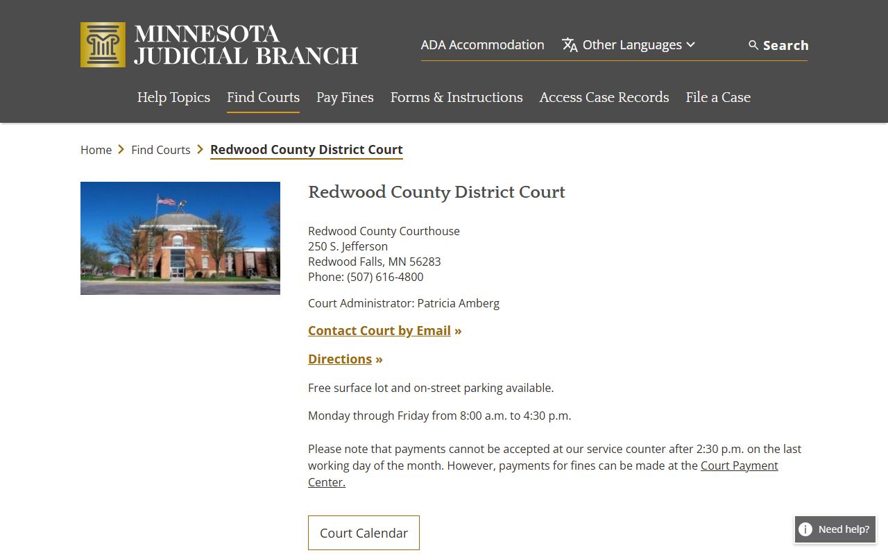 Redwood County traffic court records court page