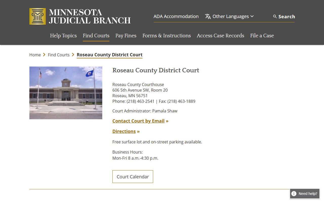 Roseau County traffic court records court page