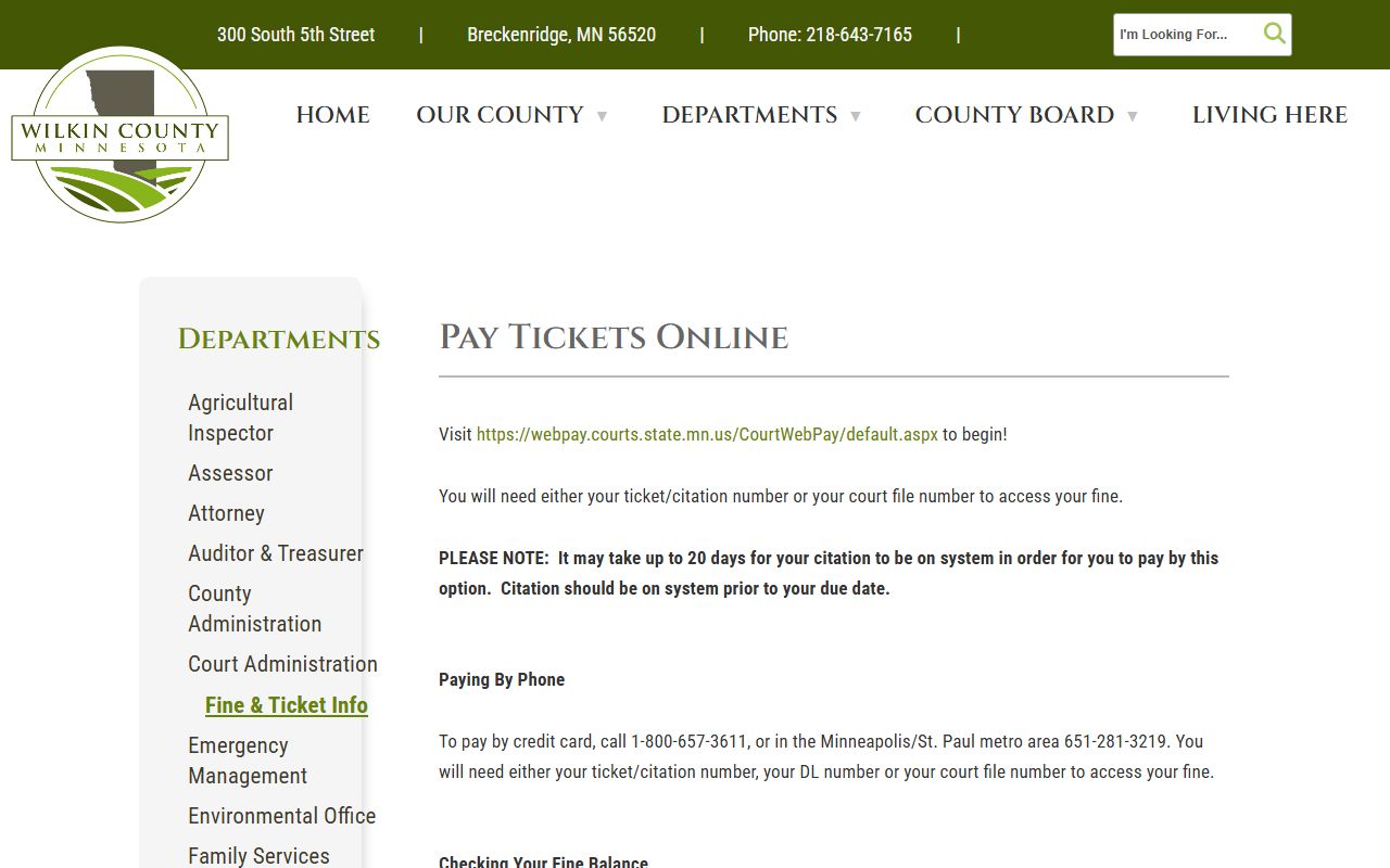 Wilkin County fine and ticket information page