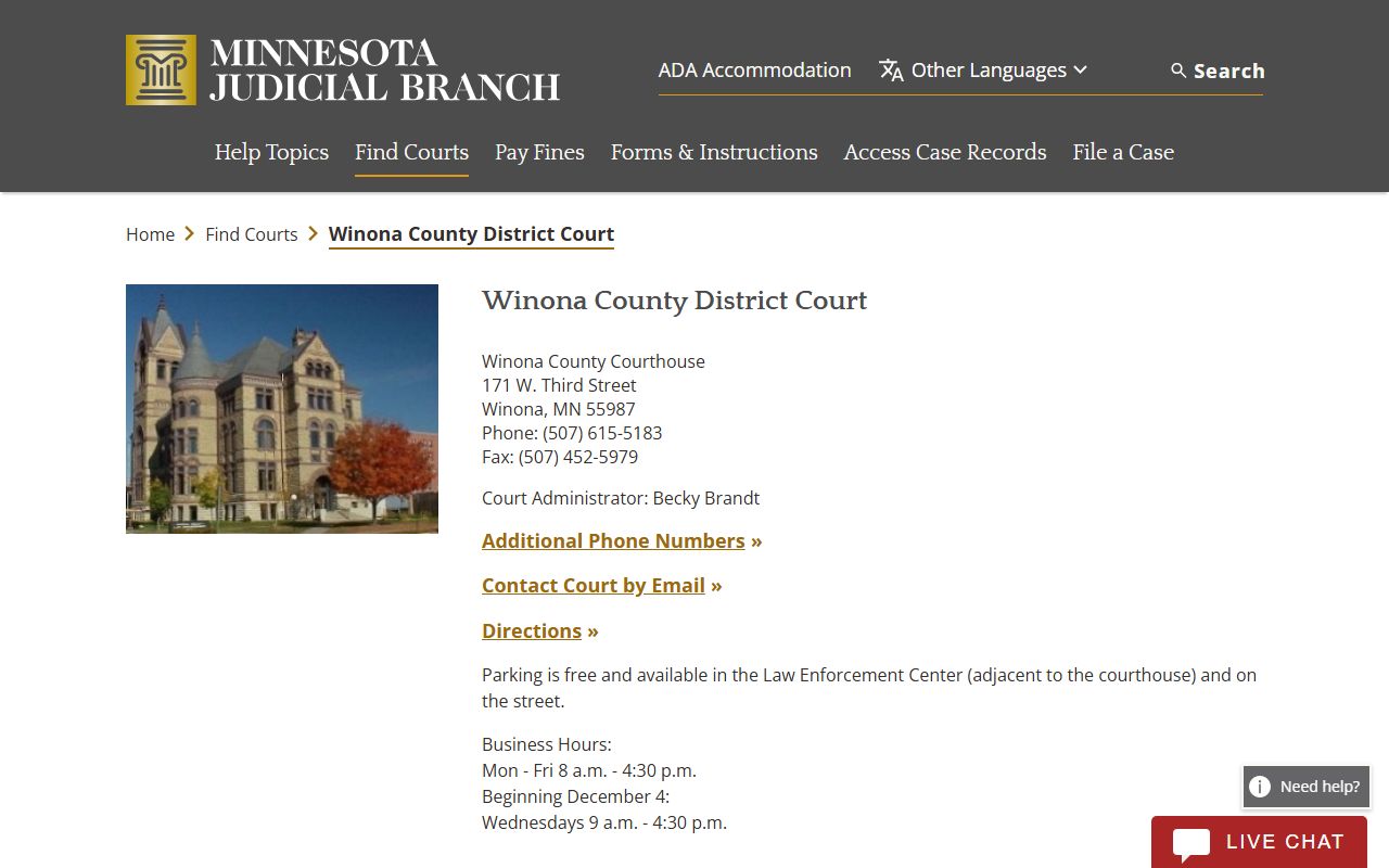 Winona County traffic court records court page