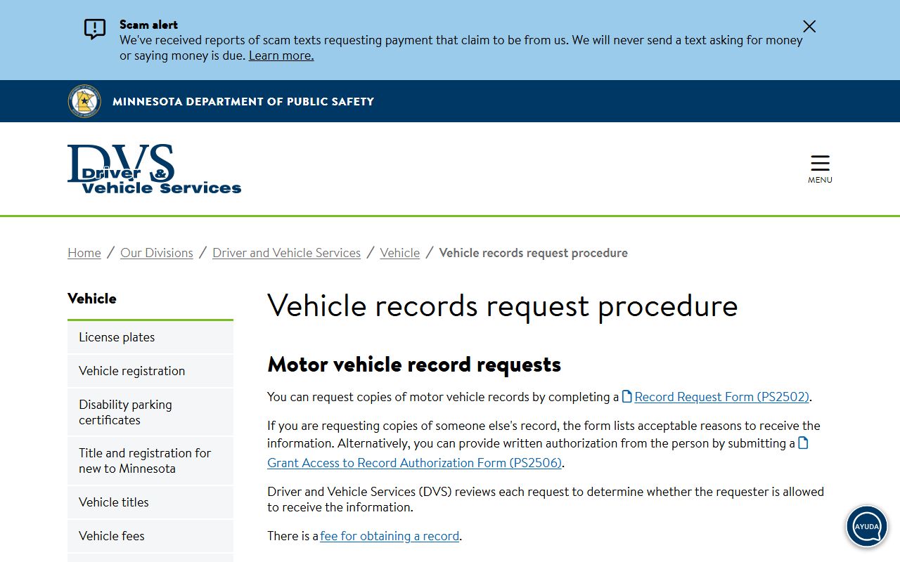 Minnesota DVS driving records request procedure page