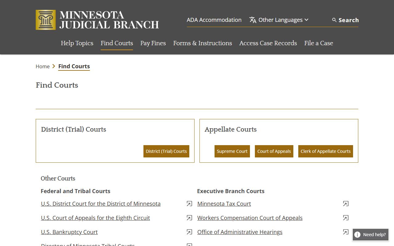 Minnesota court finder directory showing county courts