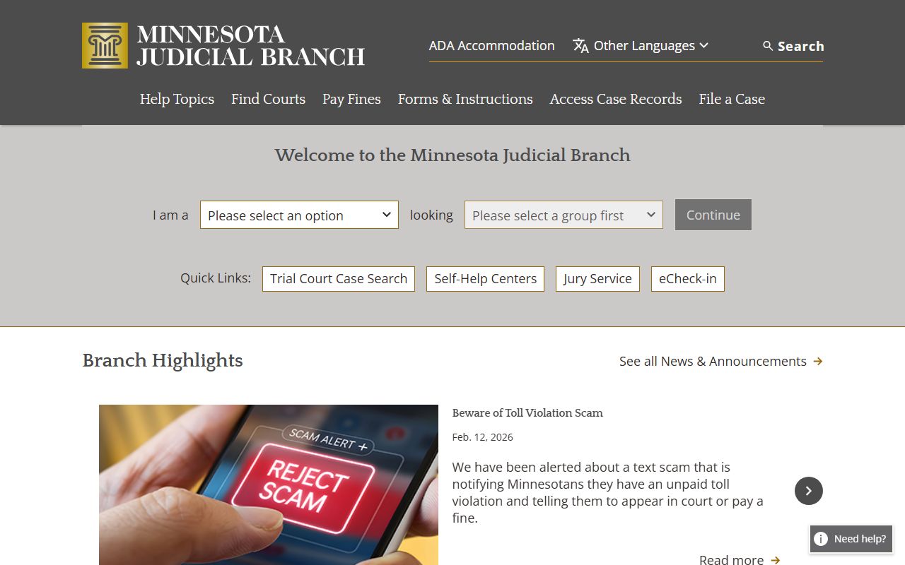 Minnesota Judicial Branch homepage for traffic court records