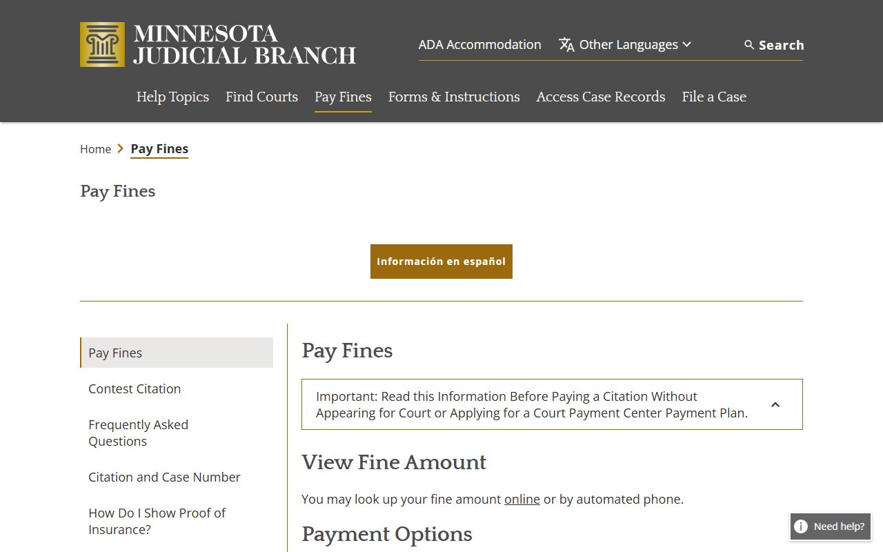Minnesota pay a fine information page for traffic citations