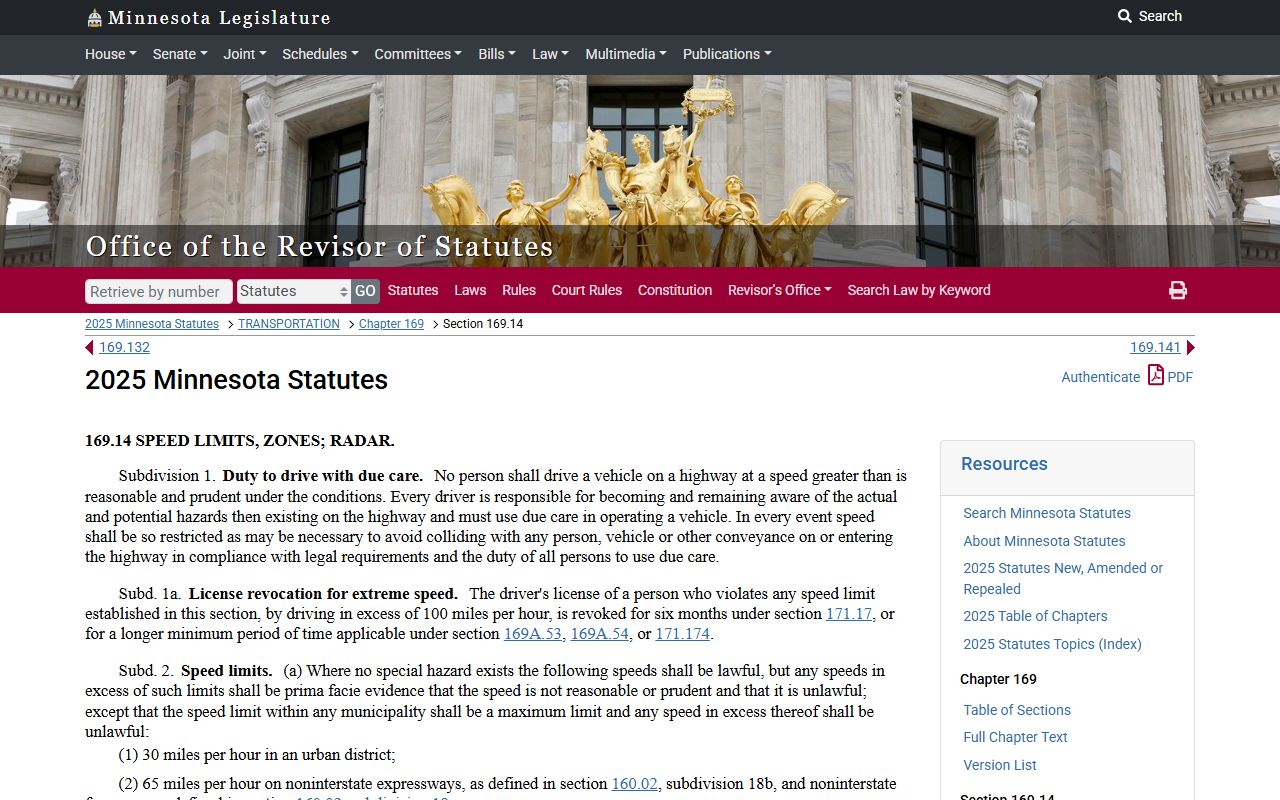 Minnesota speeding statute 169.14 on the Revisor of Statutes website